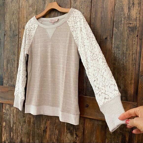 Philosophy S Tan Lace Shoulder Sleeves Casual Weekend Sweatshirt - Picture 6 of 13